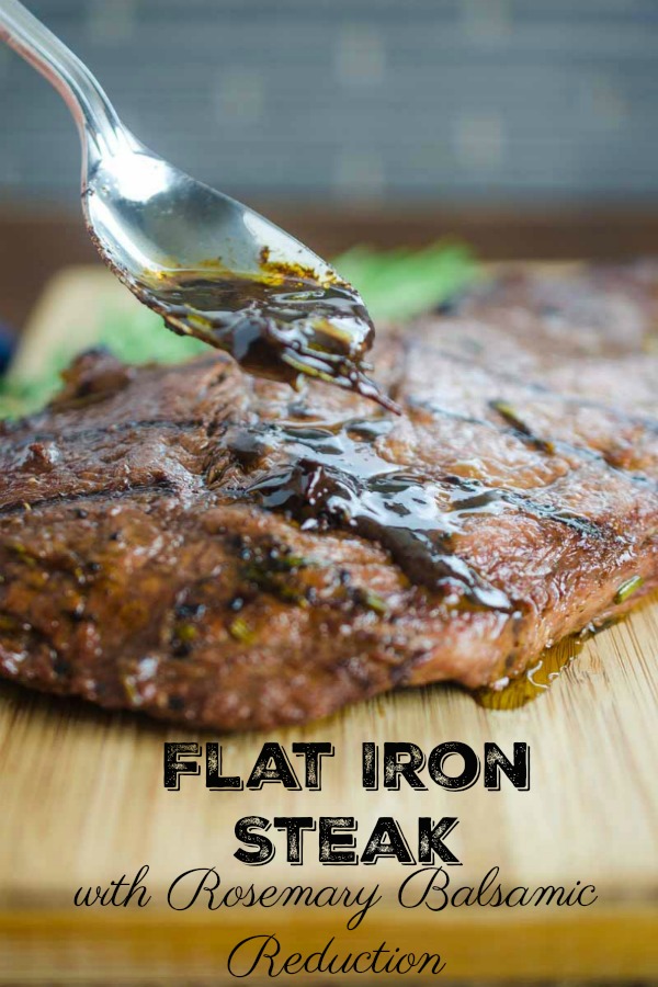 Grilled Rosemary and Balsamic Steak is perfect for summer! Grilled flat iron steak topped with a balsamic, red wine, rosemary and garlic reduction.