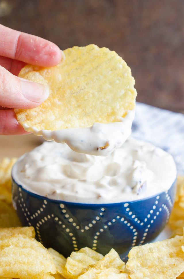 Chip with caramelized onion dip