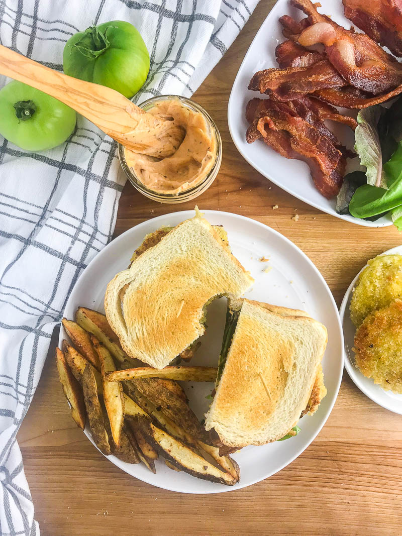 Overhead picture of fried green tomato BLT. 