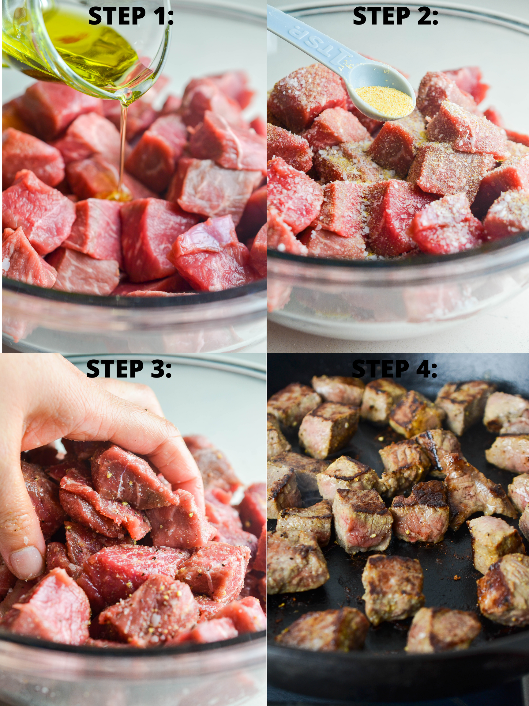 Step by step photos of garlic steak bites.