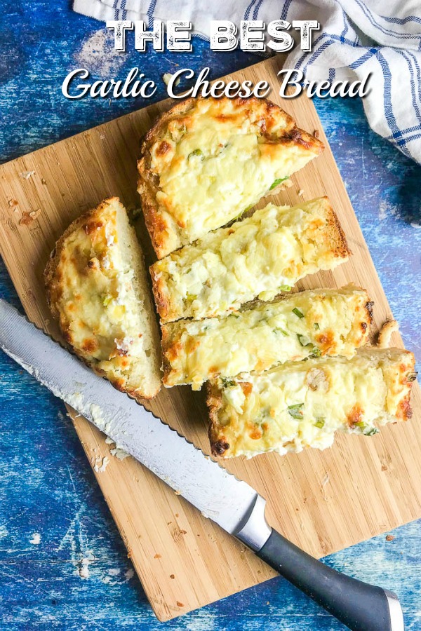 Garlic Cheese Bread with 3 cheeses and sweet roasted garlic. A easy, cheesy bread that is a perfect side dish or a meal in itself! #garlicbread #garliccheesebread #sidedish #roastedgarlic