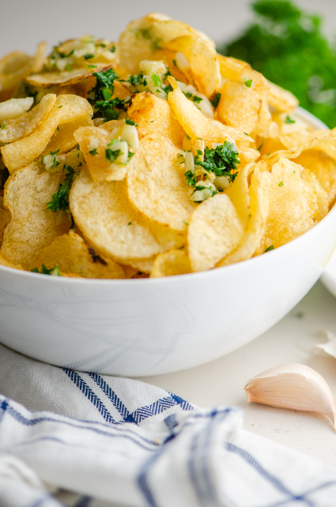 Side photo of chips in aa white bowl. 