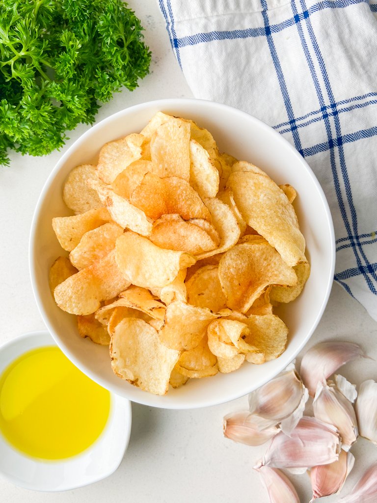 Overhead photo of ingredients needed to make easy garlic chips. 