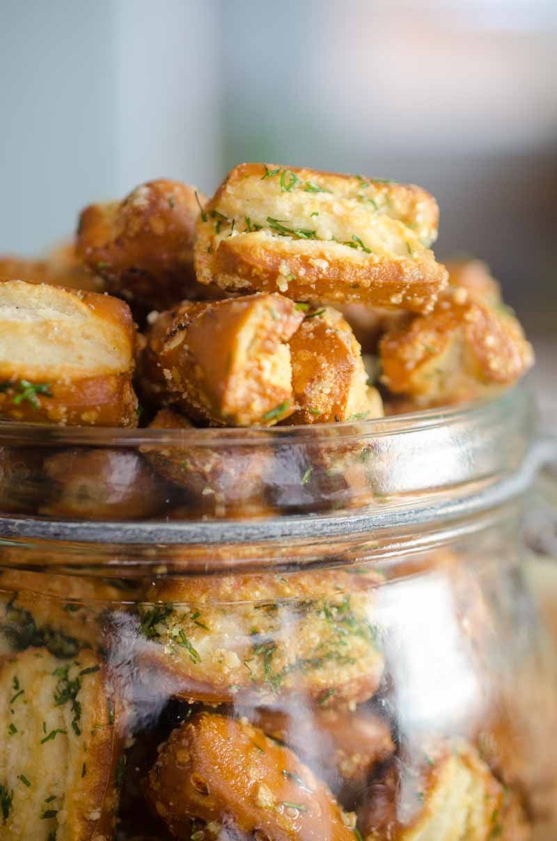 Garlic Parmesan Ranch Pretzels. Sourdough pretzels tossed with garlic, Parmesan and dill. A quick, easy and addictive snack perfect for Game Day. 