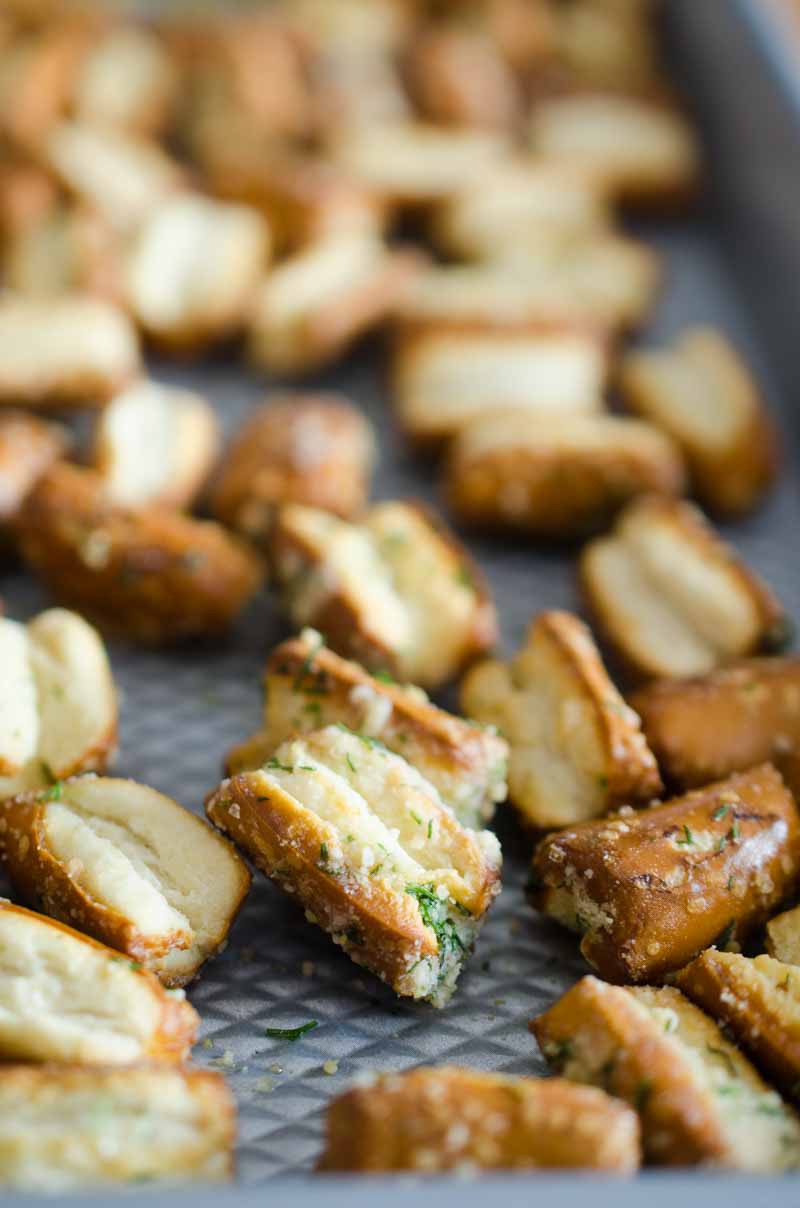 Garlic Parmesan Ranch Pretzels. Sourdough pretzels tossed with garlic, Parmesan and dill. A quick, easy and addictive snack perfect for Game Day.