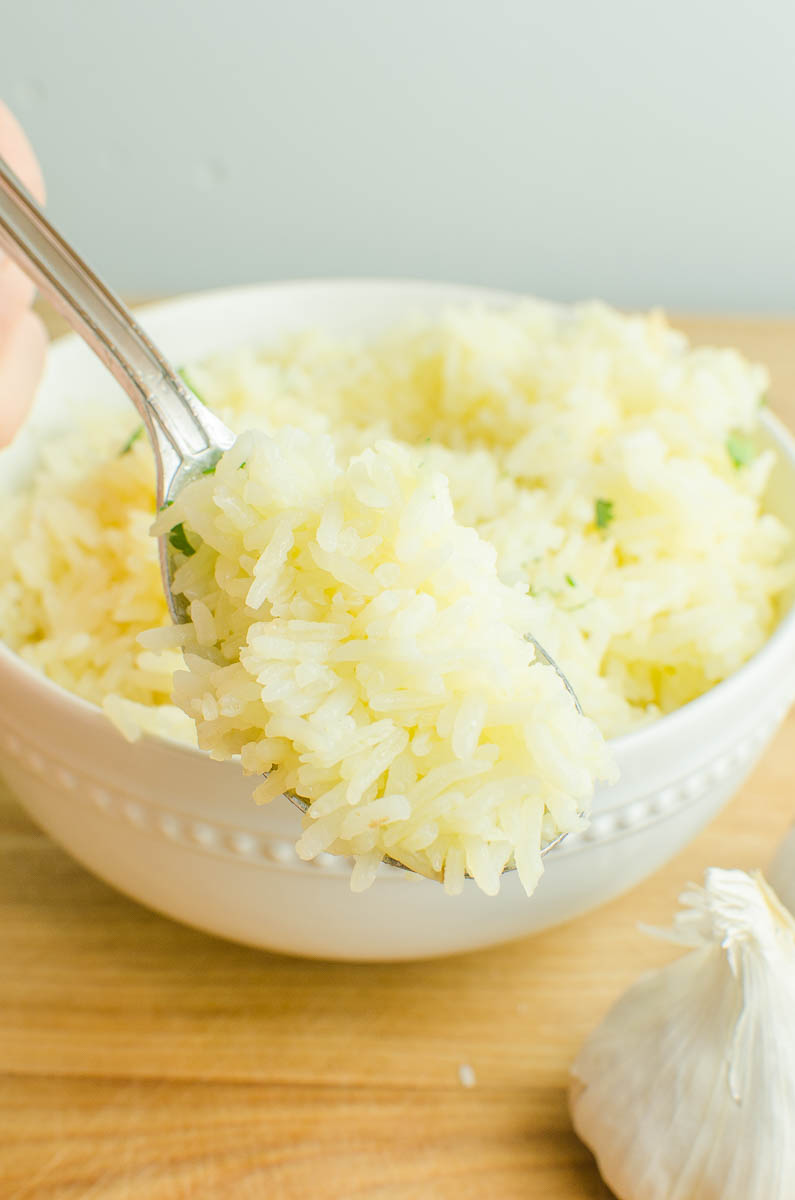 Spoonful of garlic rice. 