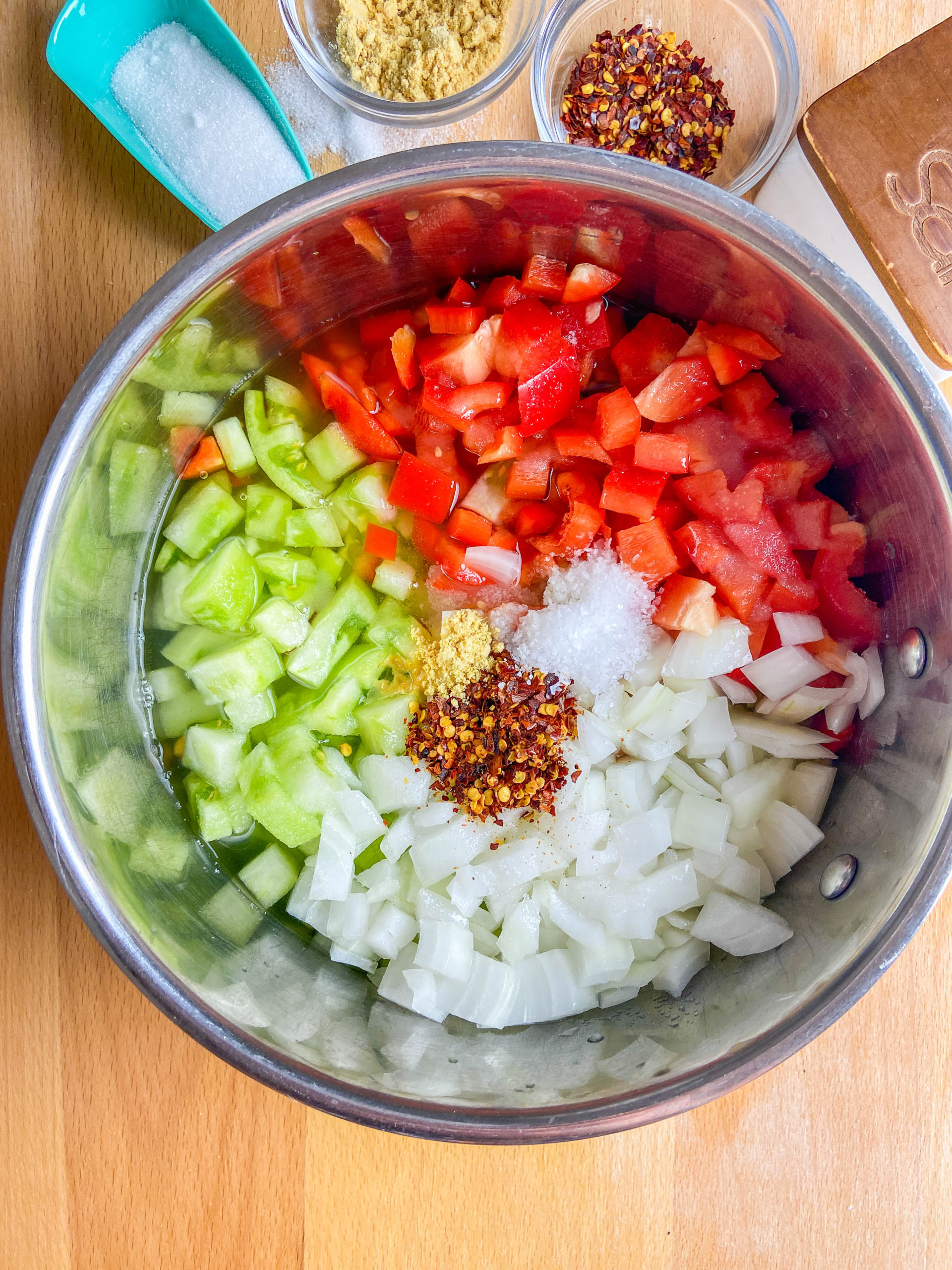 Overhead photo of relish ingredients in a saucepan.