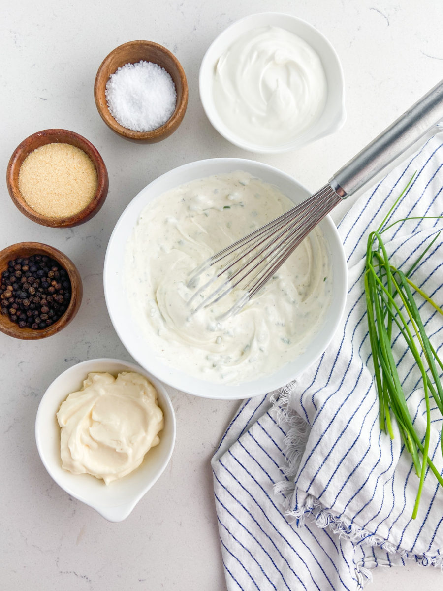 Chive sauce in a white bowl. 