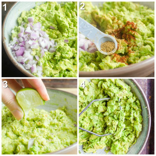 Step by step process photos for making easy guacamole recipe 