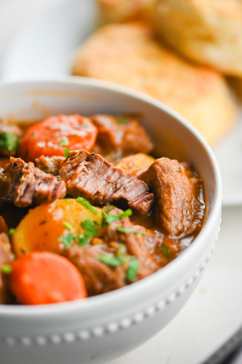 Guinness Beef Stew in white bowl. 