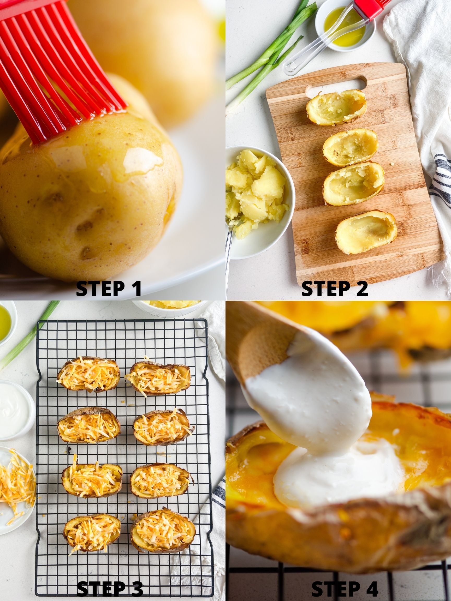 Step by step photos showing how to make baked potato skins. 