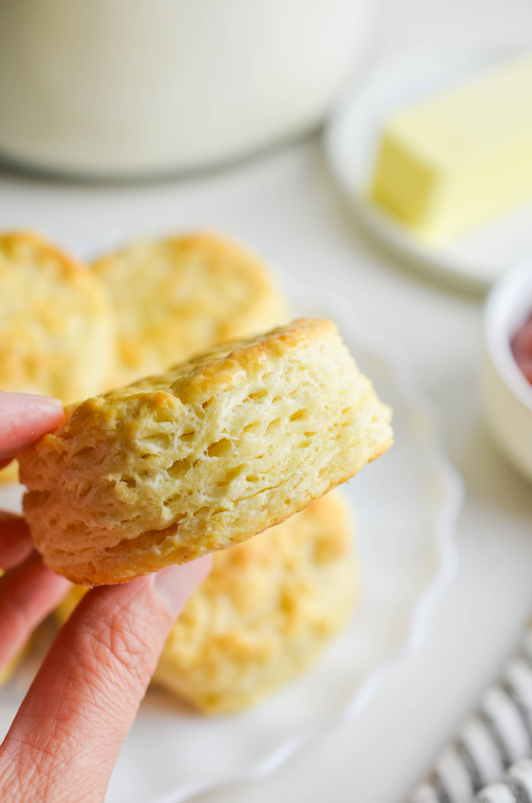 Hand holding buttermilk biscuit. 