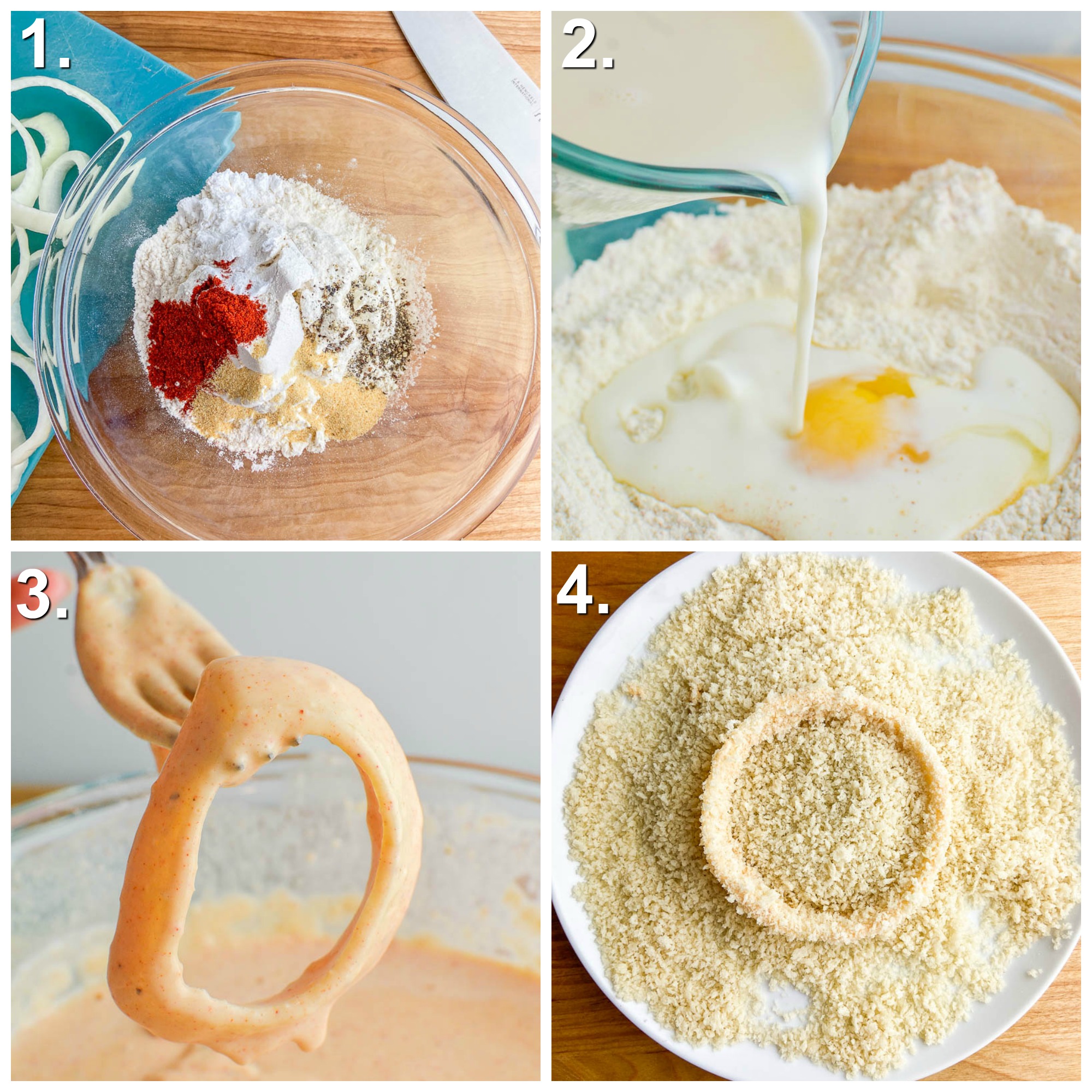 A collage of Step by Step photos of making onion rings. Photo 1 seasoned flour Photo 2 Pouring milk into batter Photo 3: Dipping the onion ring in batter Step 4: Dredging the onion ring in panko. 
