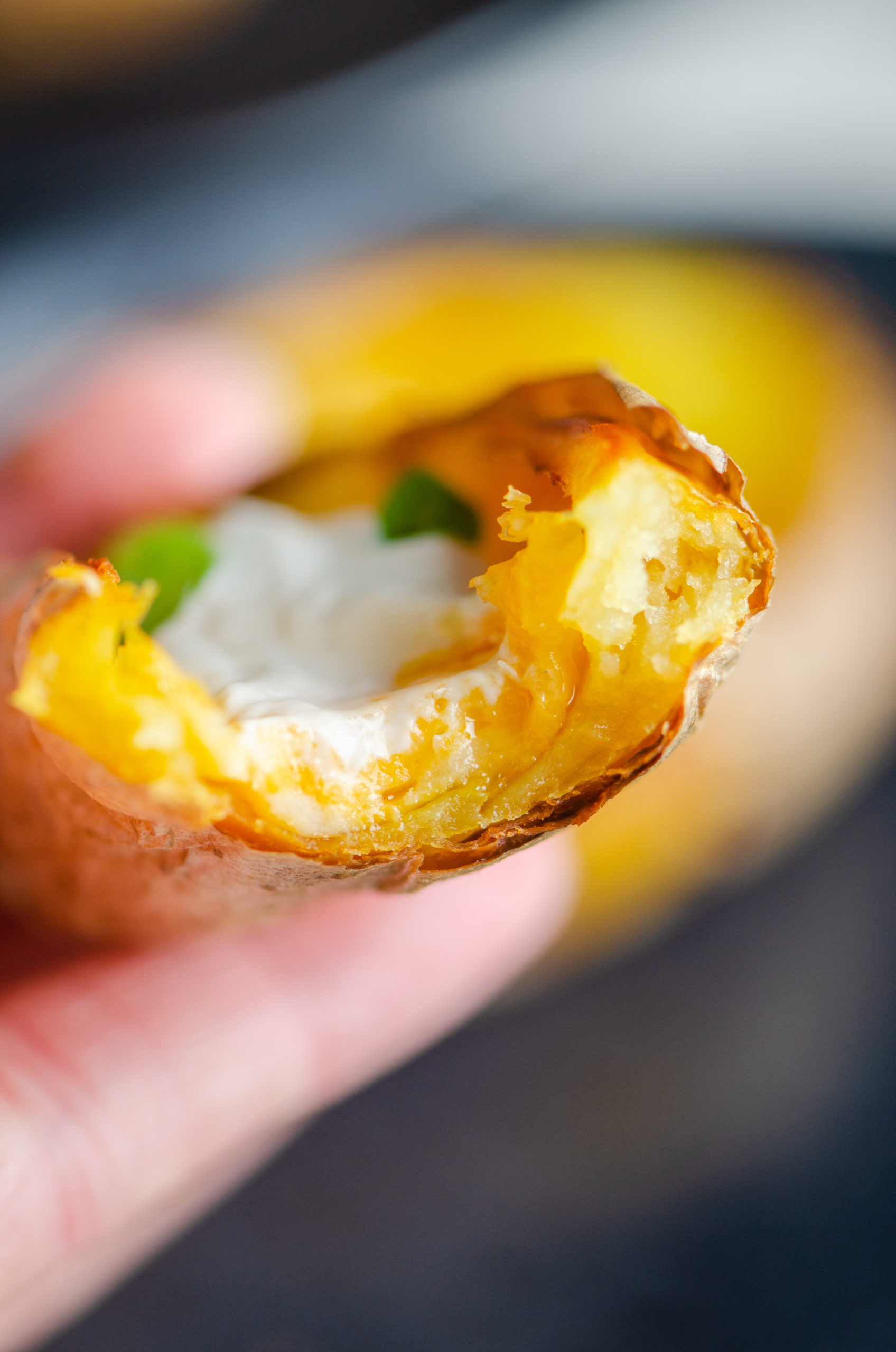 Close up photo of a potato skin with a bite taken out of it.