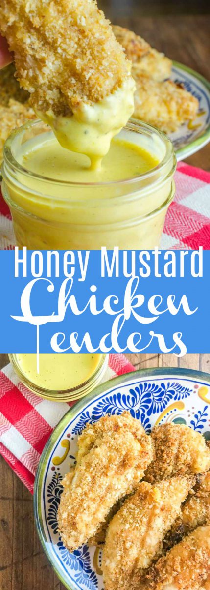 Baked Honey Mustard Chicken Tenders are marinated in honey mustard dressing, dredged in panko and baked until golden. They are a family favorite and perfect for weeknights!