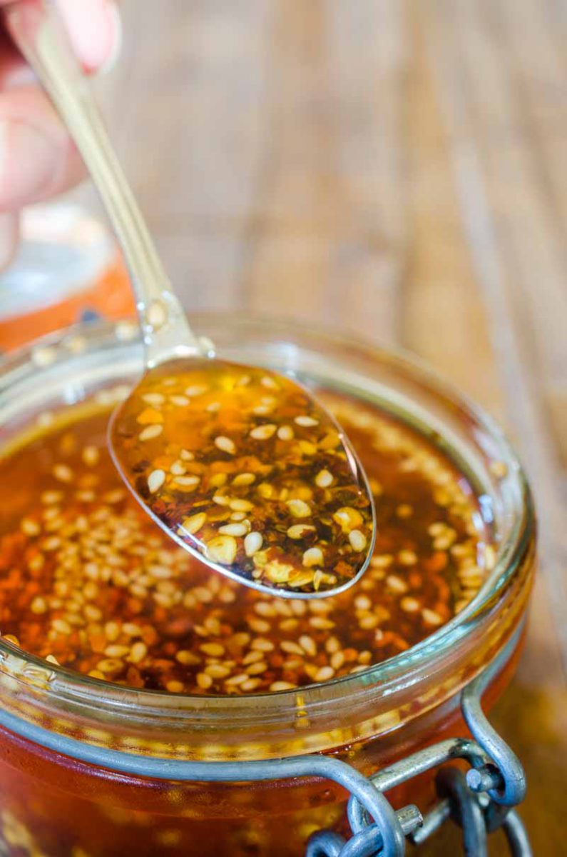 Hot Chili Oil is a staple in my kitchen and it's crazy easy to make on your own.  Make some today and use in all of your favorite spicy Asian recipes. 