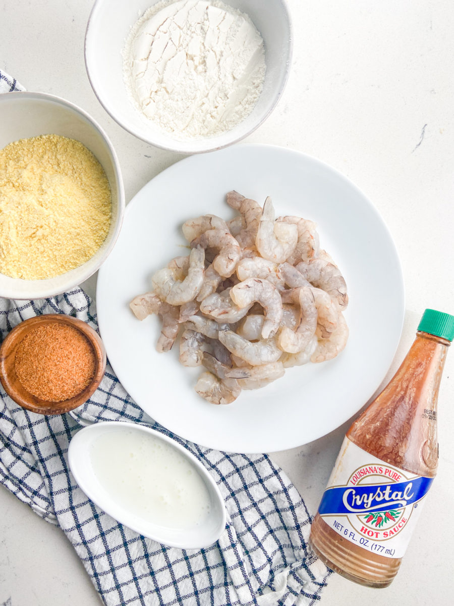 Overhead photo of shrimp po' boy ingredients
