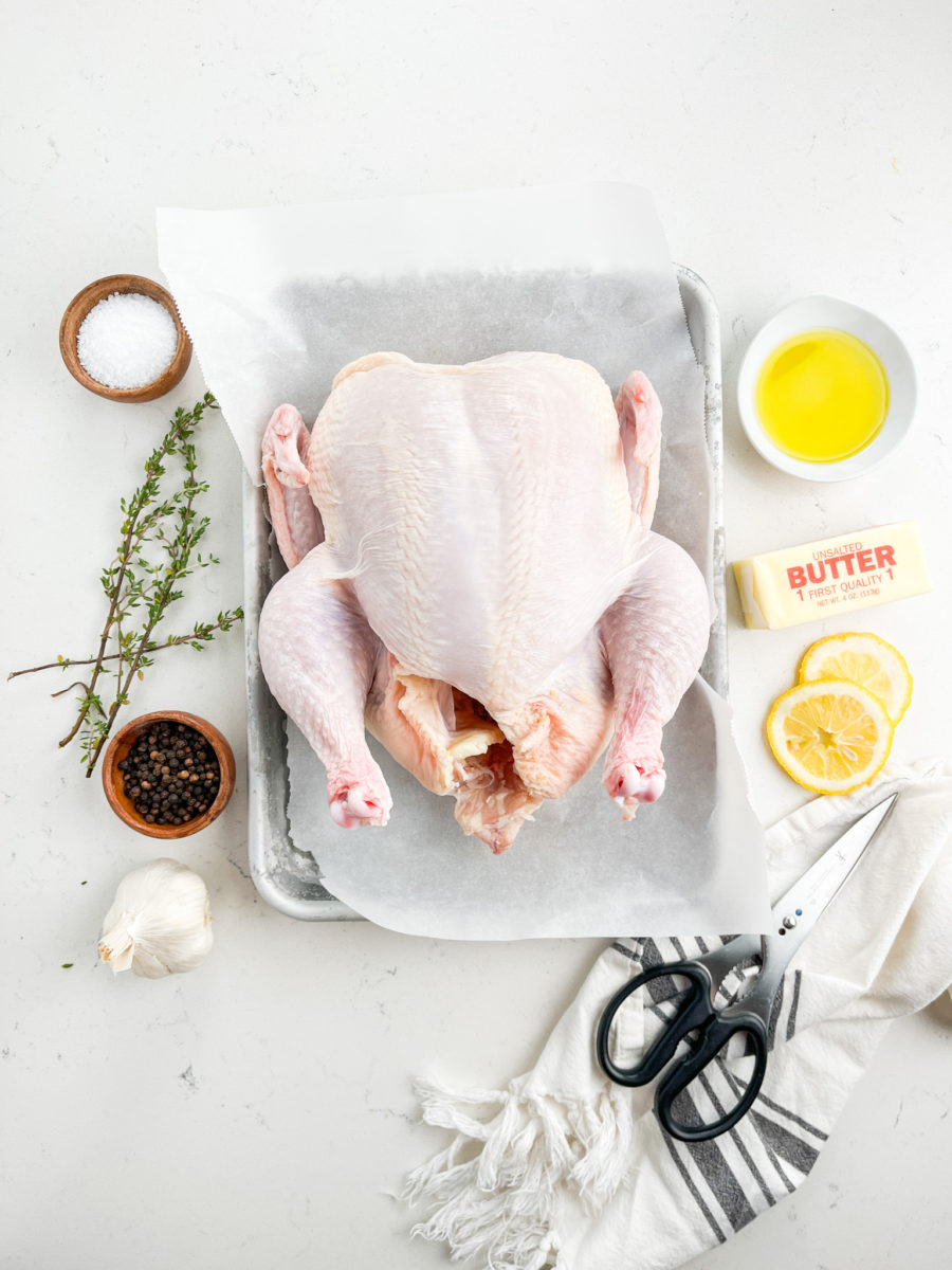 Spatchcock chicken ingredients on white background. 