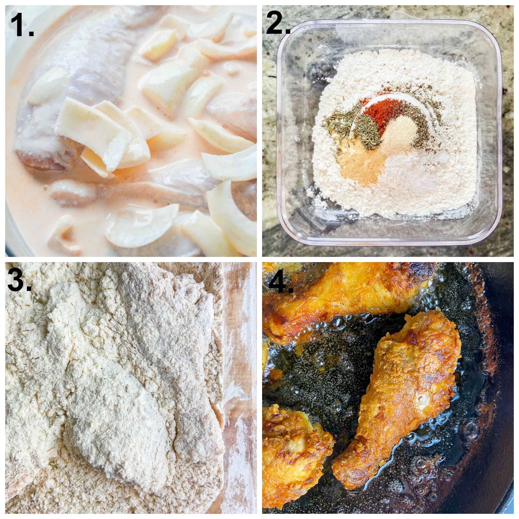 A collage of 4 photos. Photo of chicken in buttermilk marinade. Photo of seasoned flour in a dish. Photo of flour coated chicken. Photo of chicken frying in cast iron skillet. 