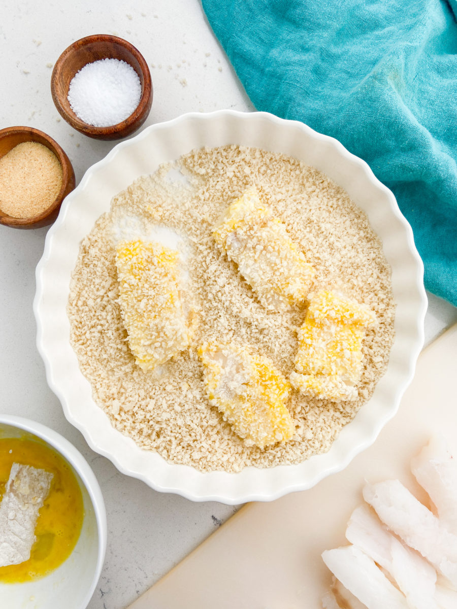 Fish coated in panko bread crumbs. 