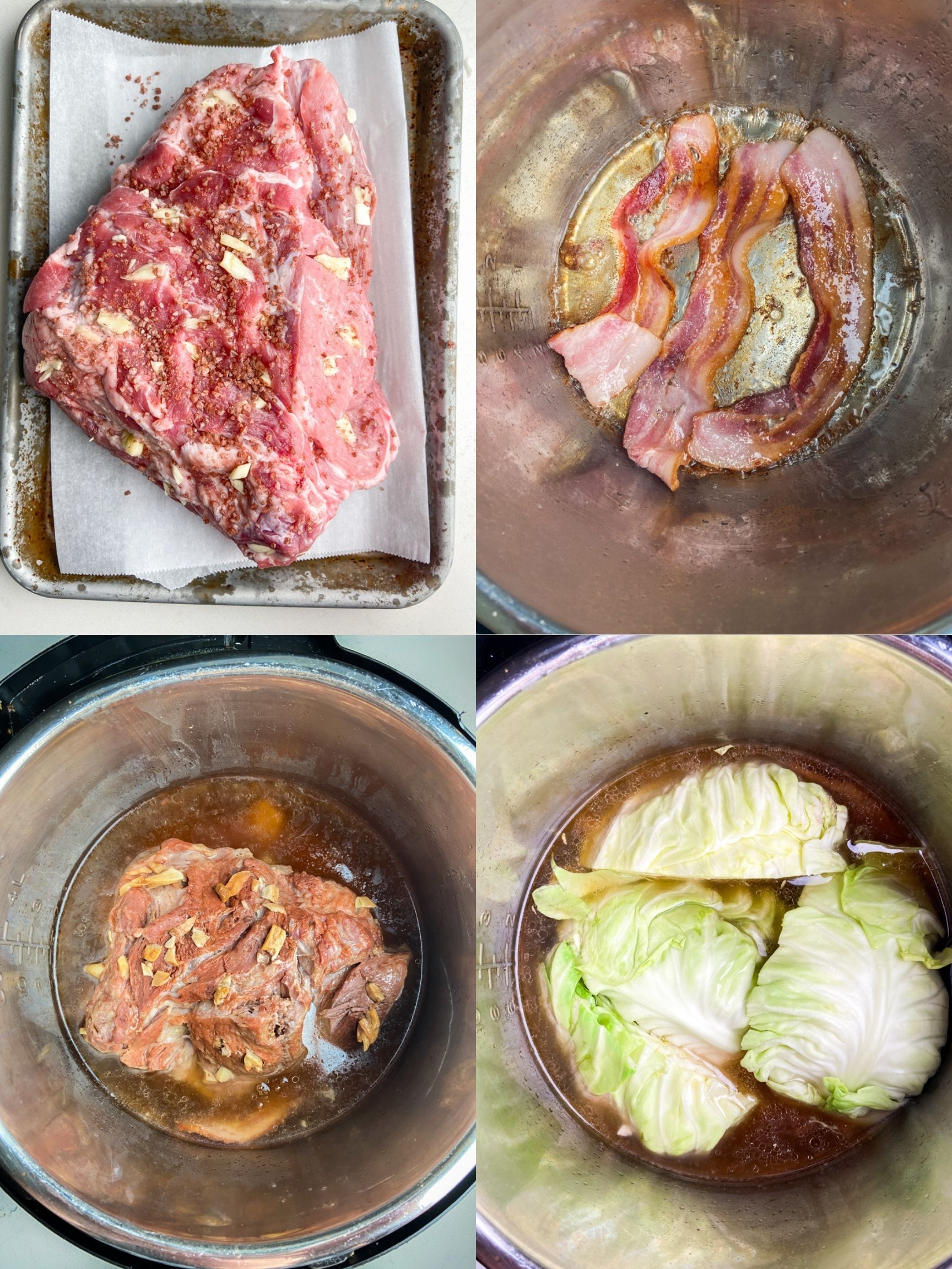 a collage of 4 photos showing how to make kalua pork in the instant pot. 