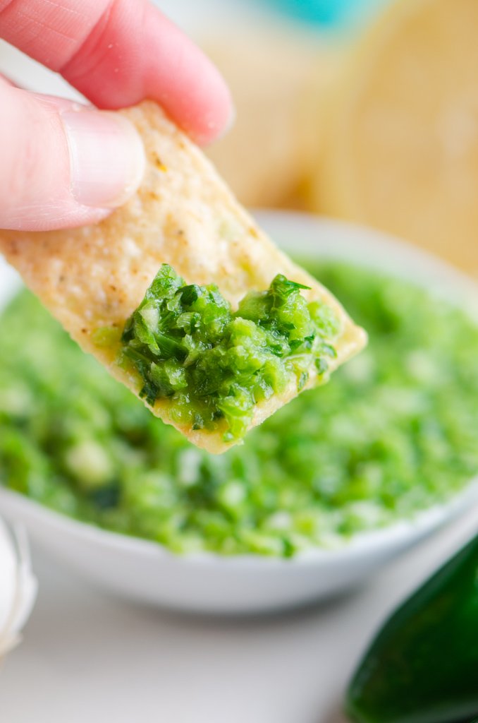 Jalapeno salsa on a tortilla chip. 