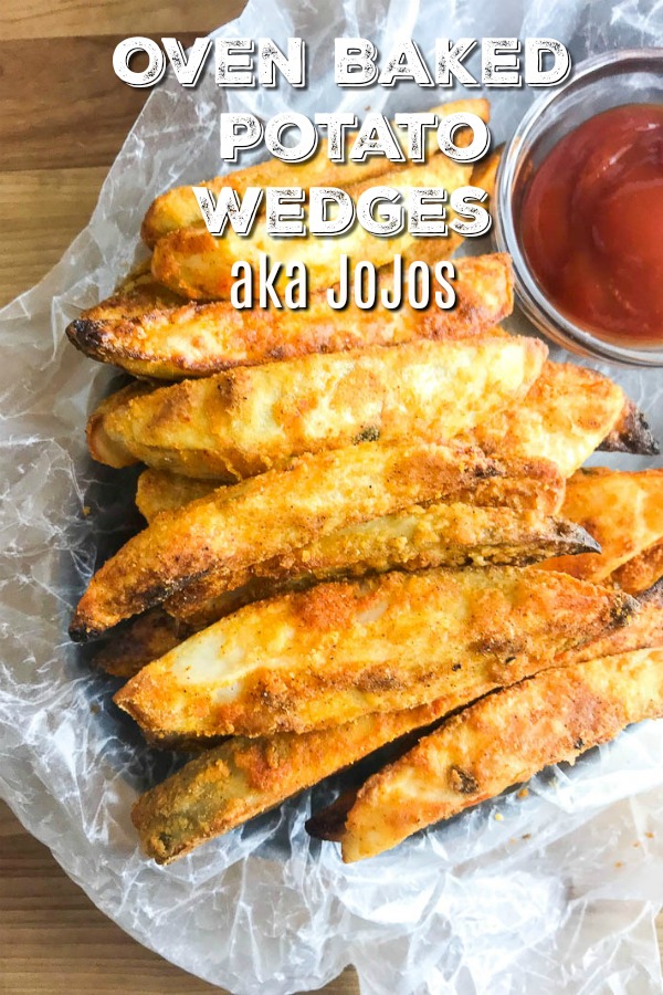 Potato wedges, or Jo Jo Potatoes as I like to call them, are perfectly seasoned and baked until golden.  Crispy on the outside and fluffy on the inside. They will be a hit with your whole family.  #potatowedges #jojos #sidedish #vegetarianrecipe
