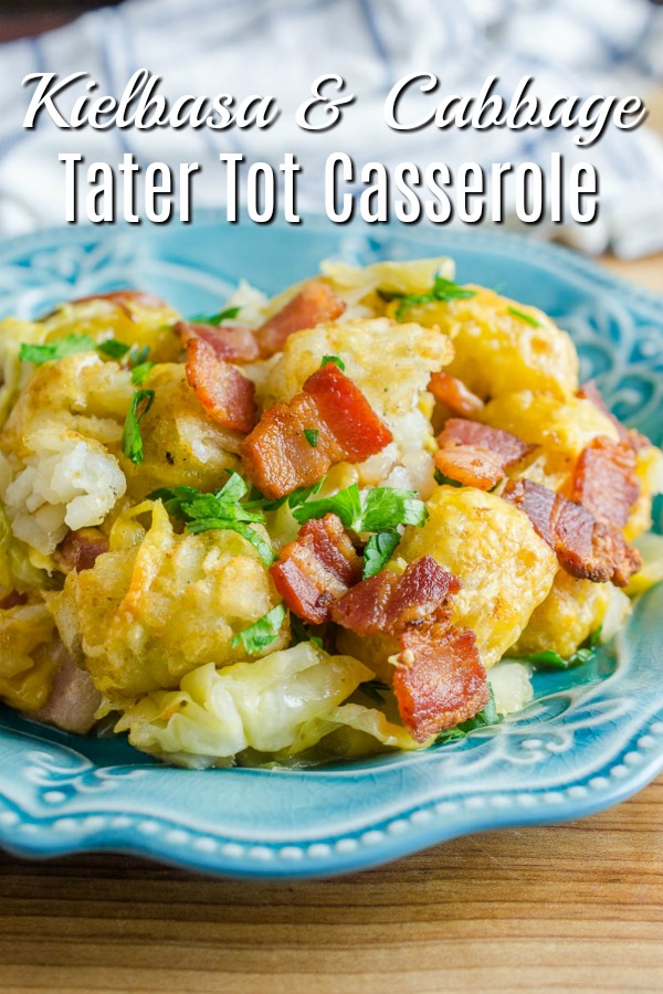 Kielbasa and Cabbage Tater Tot Casserole is comfort food of epic proportions. Sautéed cabbage and kielbasa topped with cheddar cheese and tater tots, then baked until crisp.  #comfortfood #tatertotcasserole #kielbasaandcabbage