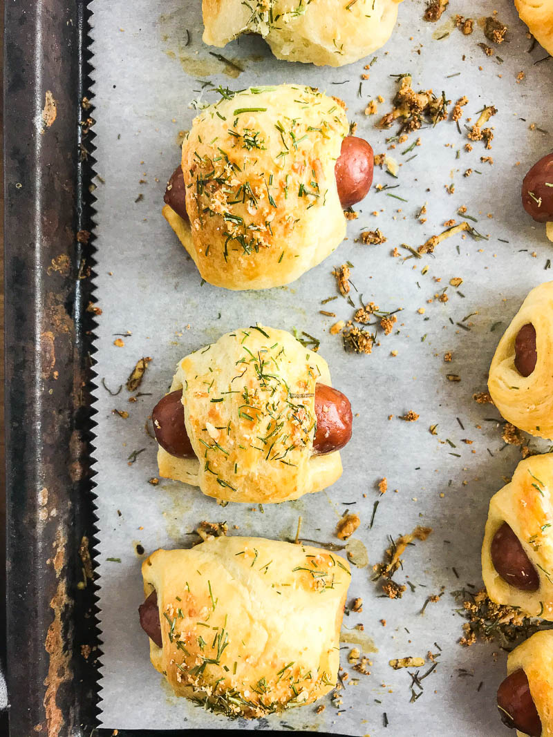 Mini Pigs in a blanket on a baking sheet. 