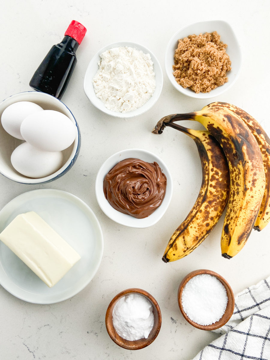 Overhead photo of nutella banana bread ingredients. 