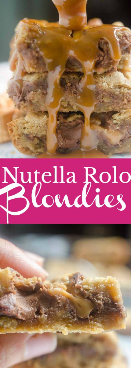 Nutella Rolo Blondies are the perfect bar for chocolate, hazelnut & caramel lovers. Traditional blondies with a center of nutella and chopped rolo candies.
