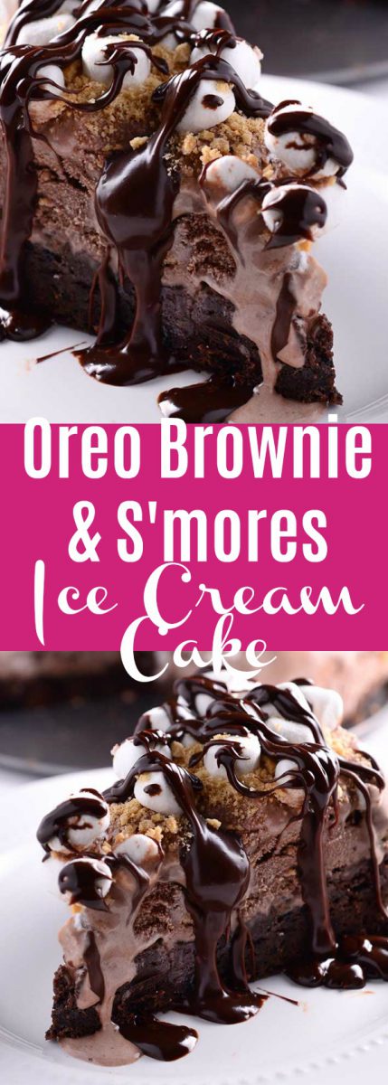 This decadent Oreo Brownie & S'mores Ice Cream Cake has a brownie crust, s'mores ice cream, marshmallows, graham cracker crumbs & chocolate ganache. 
