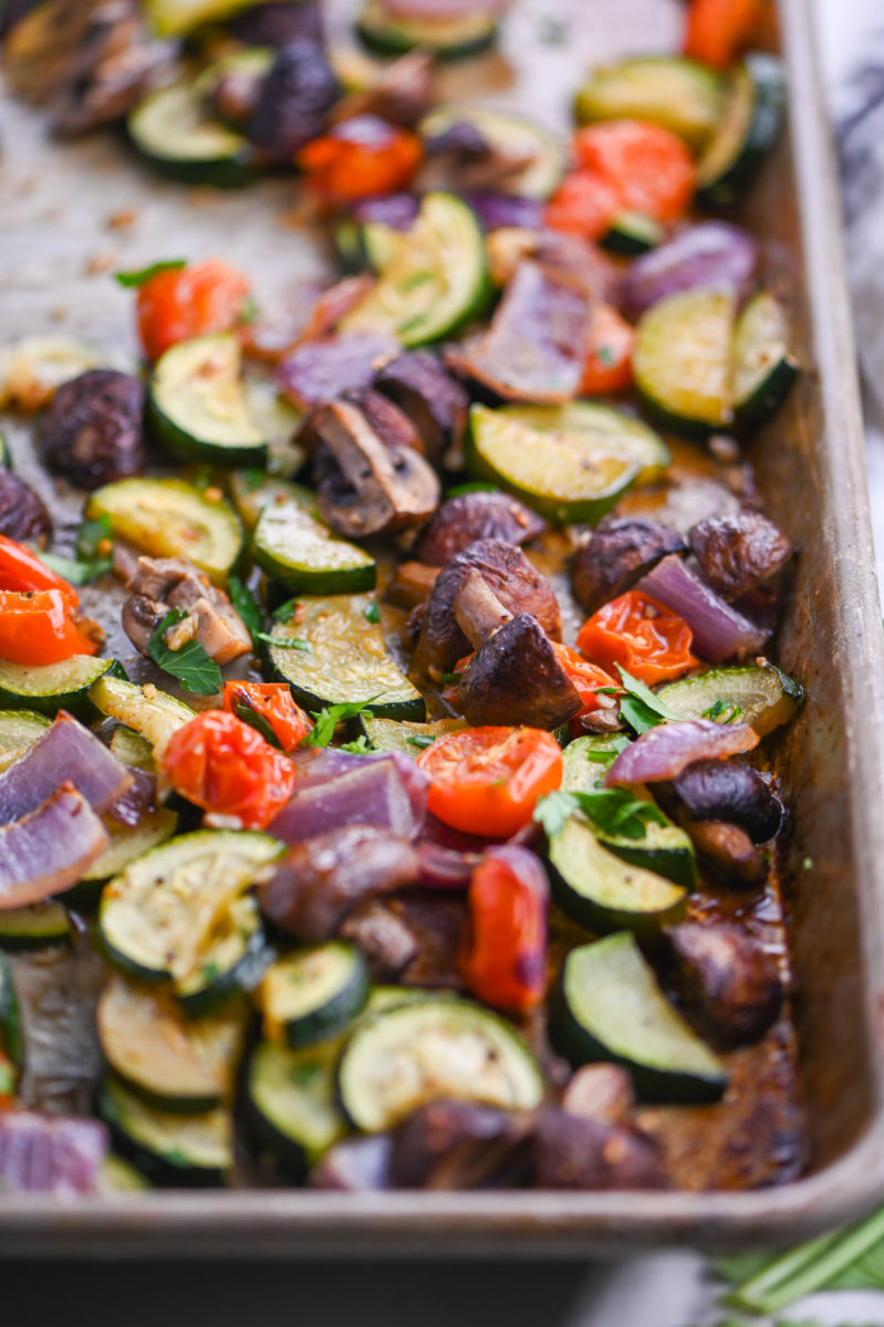 Oven roasted vegetables on a baking sheet. 