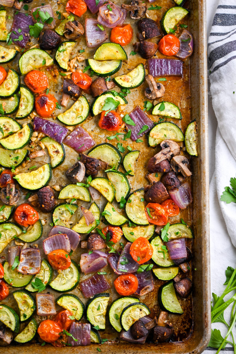 Vegetables on baking sheet. 