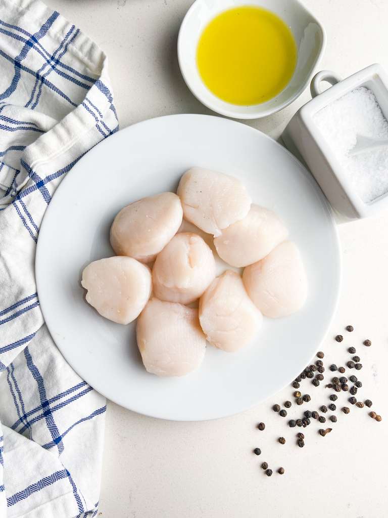 Overhead photo of ingredients to make seared scallops. 