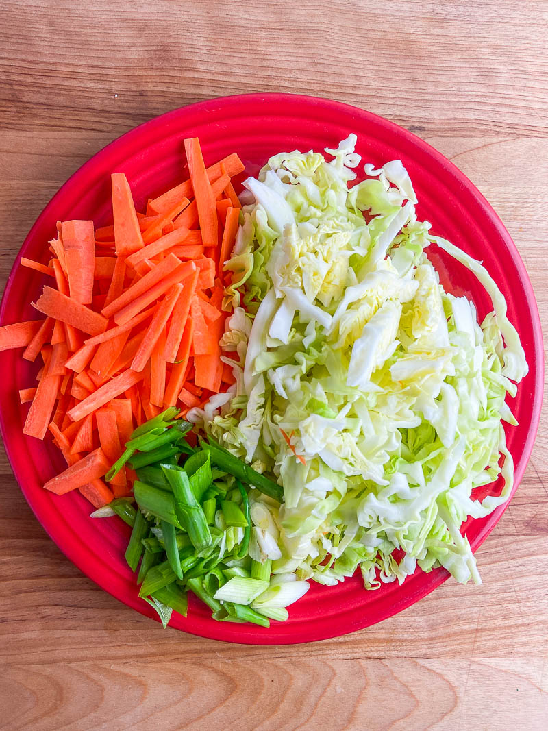 Carrots, shredded cabbage and green onions on a red plate with wooden background