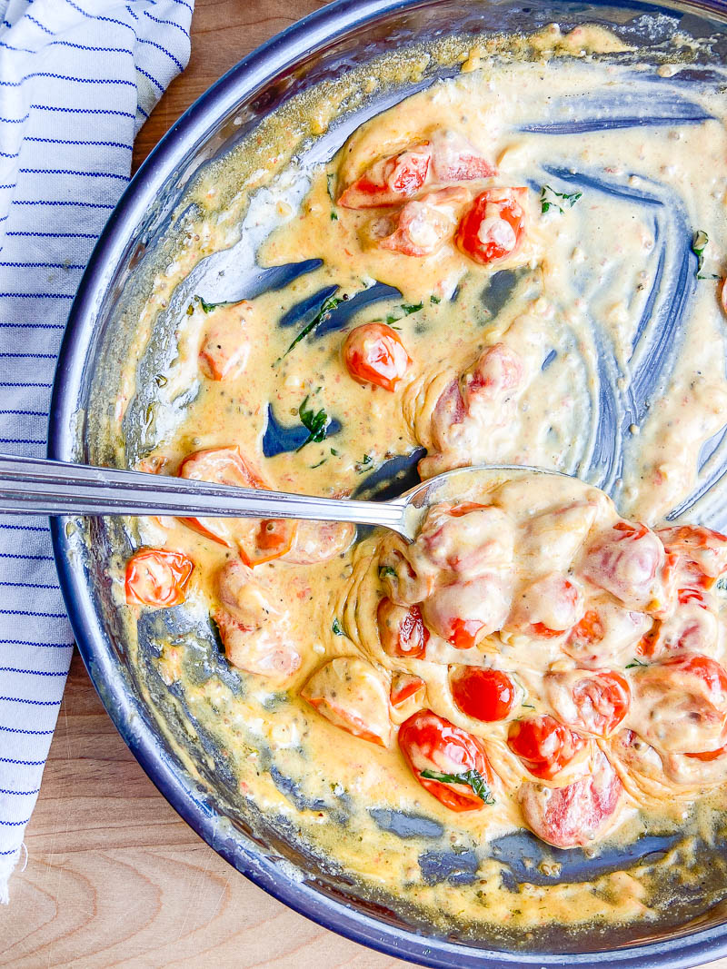 Tomato Basil Cream Sauce in a silver pan. 