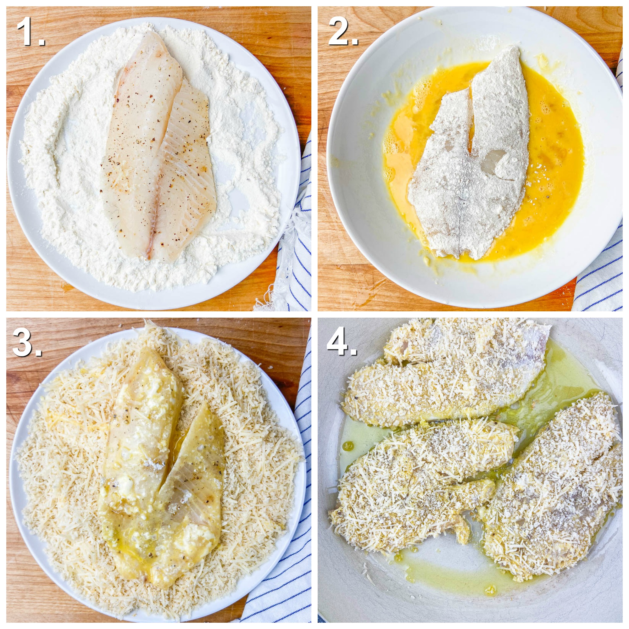 Step by Step Photos for cooking. Photo one: Tilapia filet with flour on white plate. Photo 2: Flour coated tilapia in egg wash on white plate. Photo 3: Tilapia on white plate with bread crumbs and parmesan. Photo 4: Crusted tilapia in a white frying pan. 
