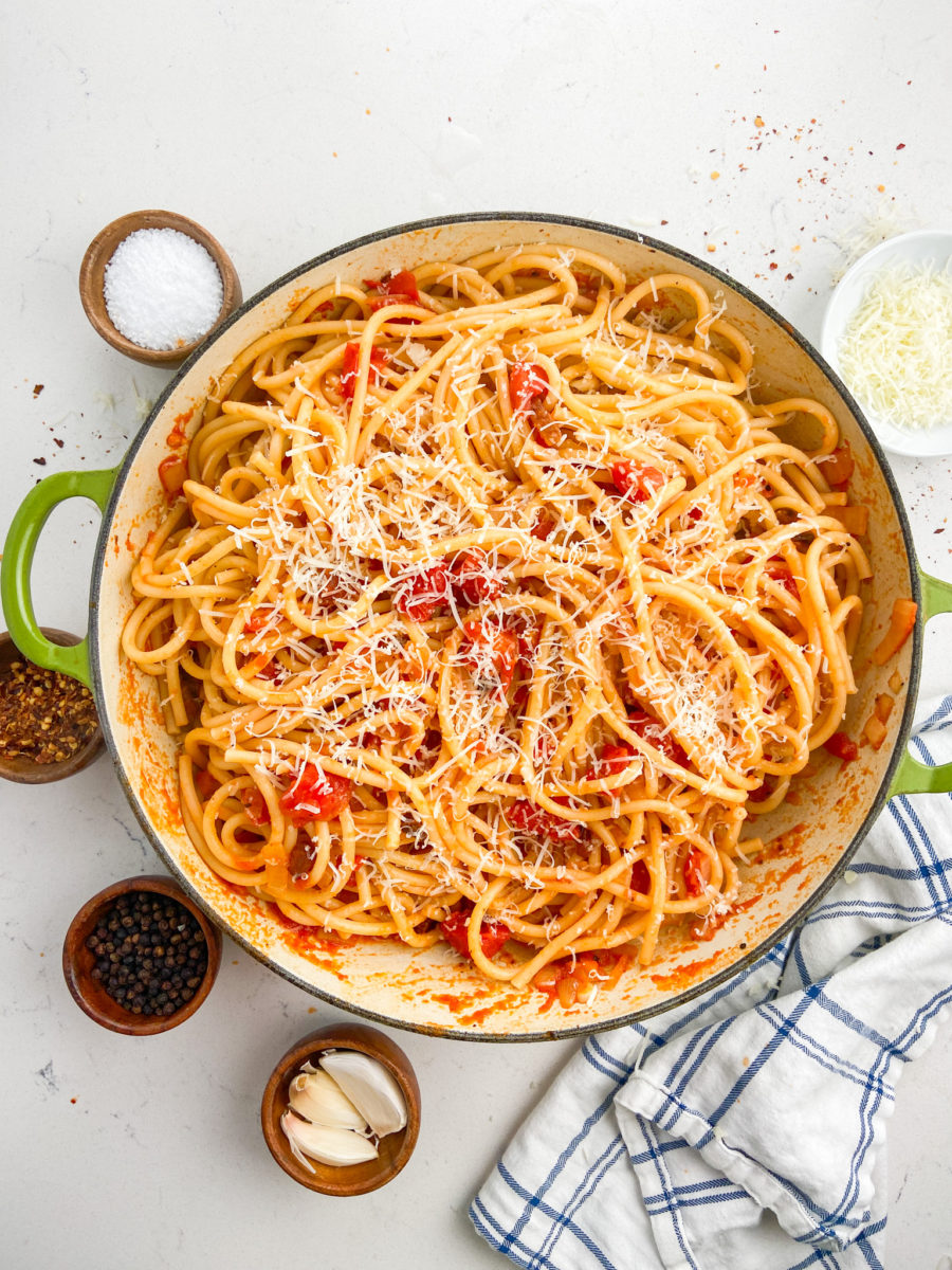 Pasta Amatriciana in a large pan. 