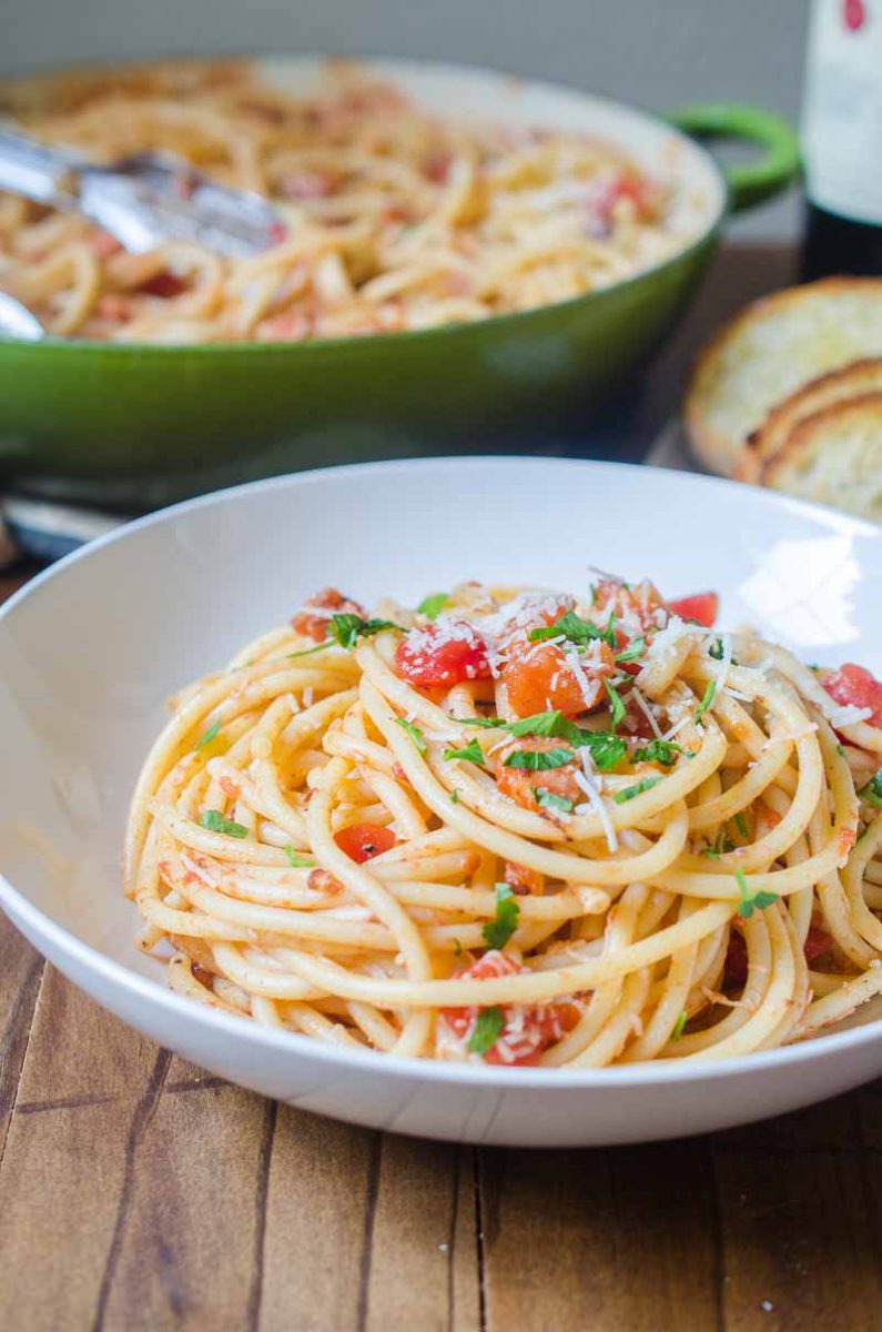 Pasta Amatriciana made with pancetta, tomatoes, Romano cheese, crushed peppers and onions. It will be a family favorite! 