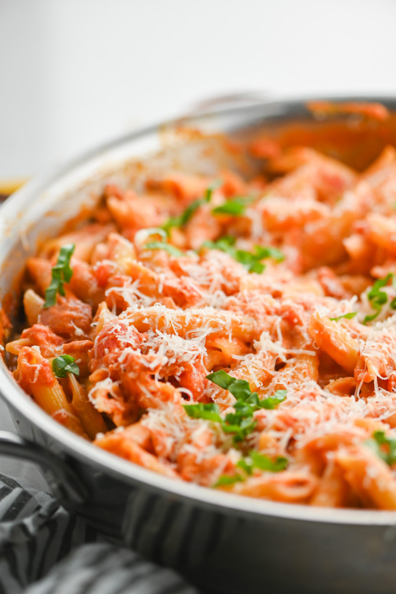 Penne alla vodka in stainless steel pan. 