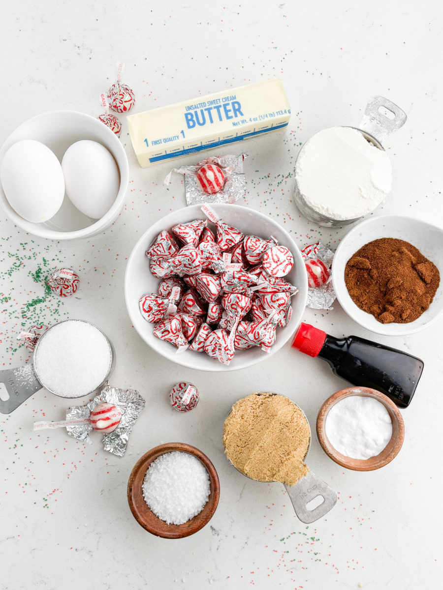 Peppermint White Chocolate Mocha Cookies Ingredients on white background. 