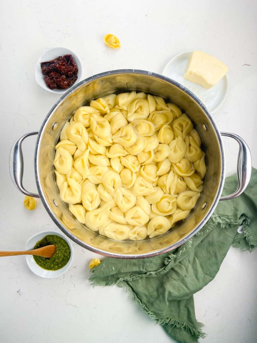 Tortellini pasta boiling in water. 