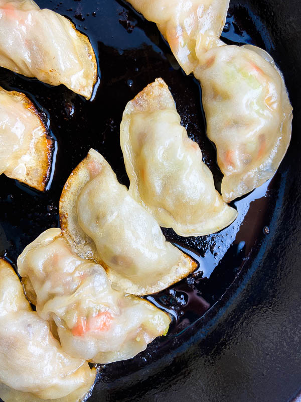 Overhead photo cooking potstickers in a cast iron skillet. 