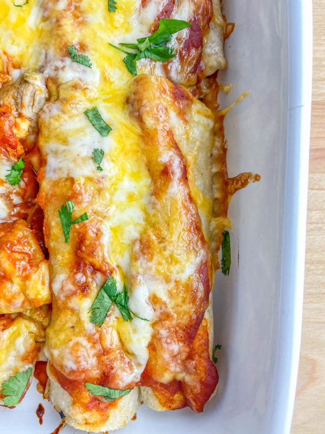 Overhead photo of cheesy enchiladas in a white dish. 