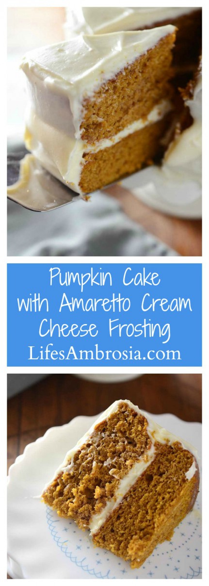 This Pumpkin Cake with Amaretto Cream Cheese Frosting is the perfect fall celebration cake!