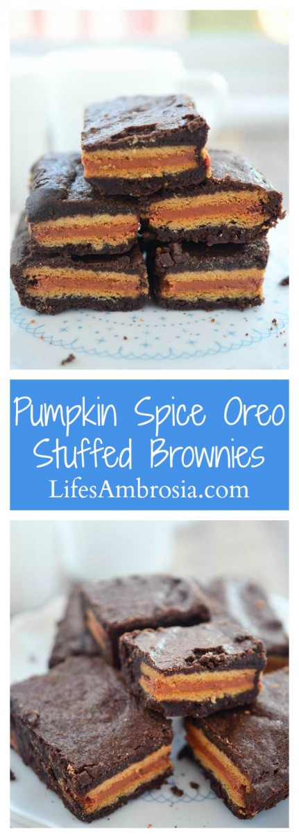Decadent chocolate brownies with a pumpkin spice Oreo stuffed inside make these Pumpkin Spice Oreo Stuffed Brownies a perfect fall treat!