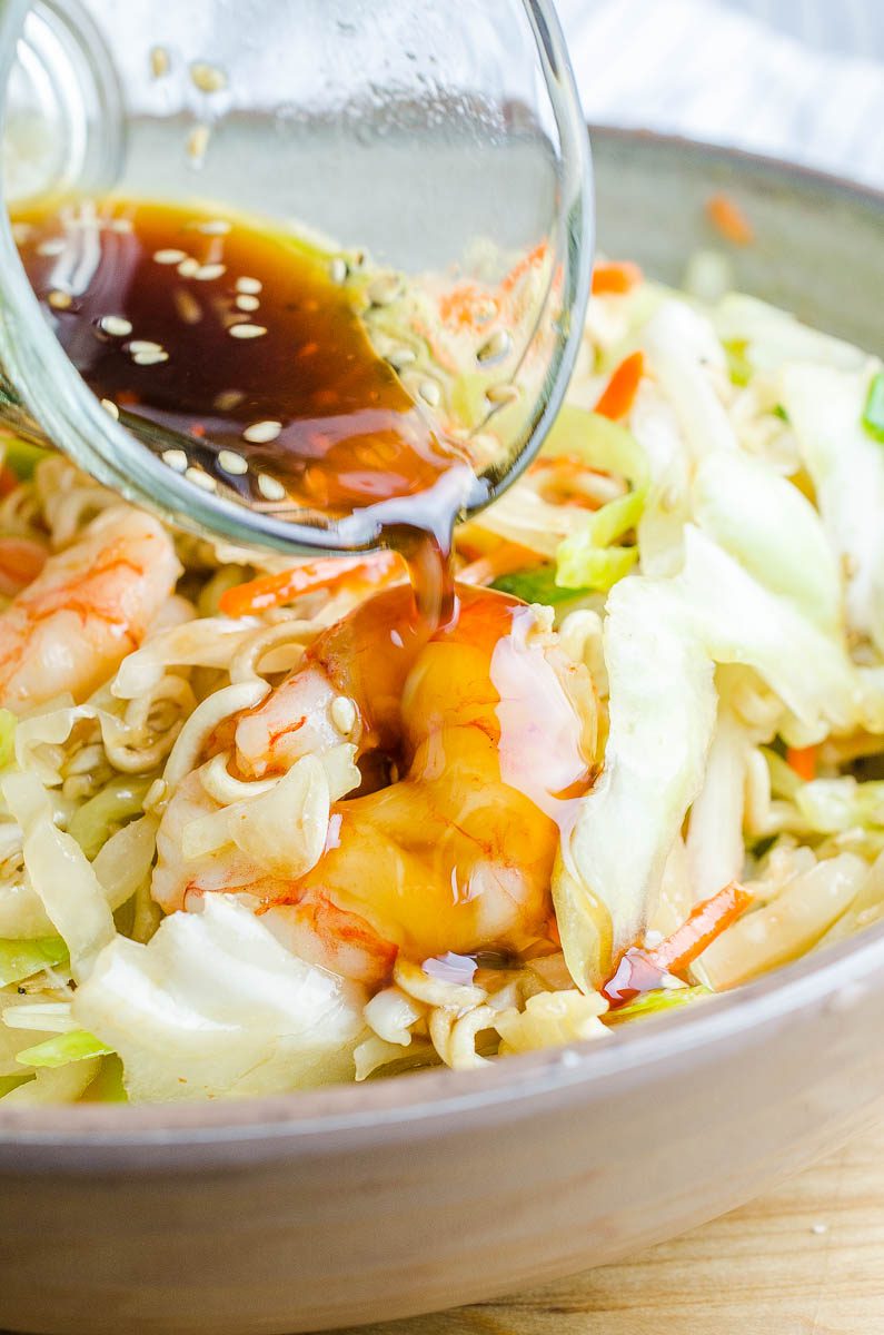 Shrimp ramen noodle salad is a quick and easy dinner recipe with a sweet and spicy kick of flavor.