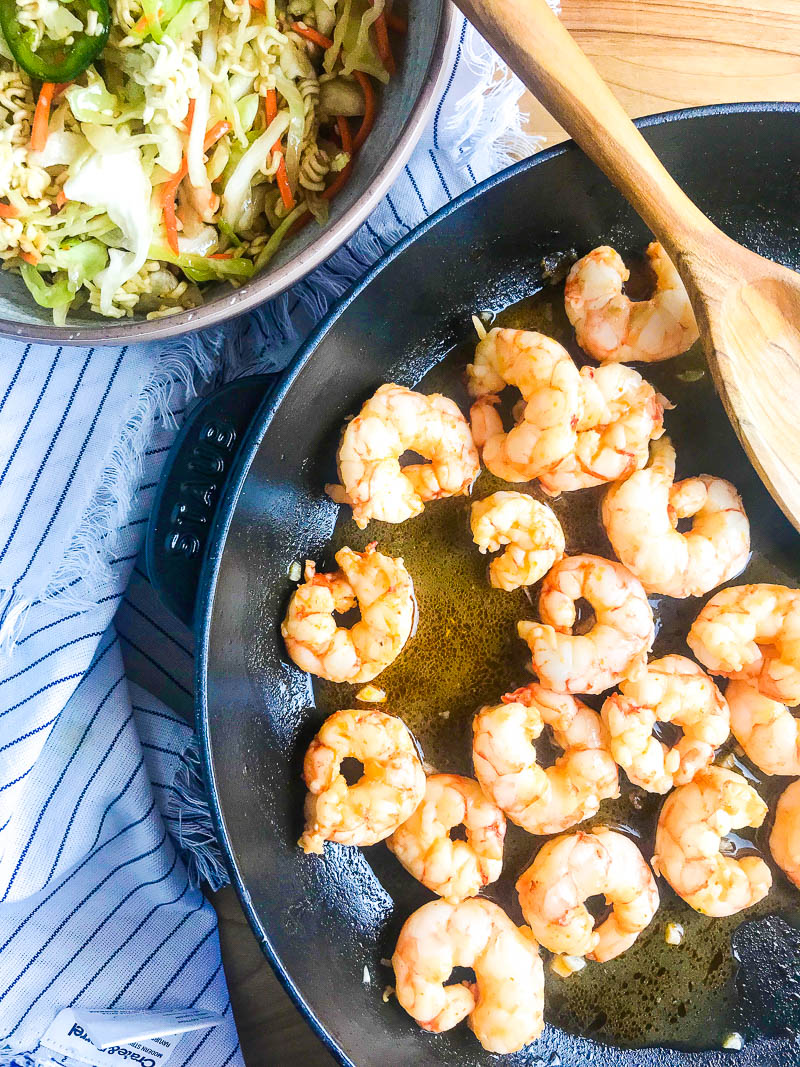 Shrimp in a pan for Ramen Noodle Salad