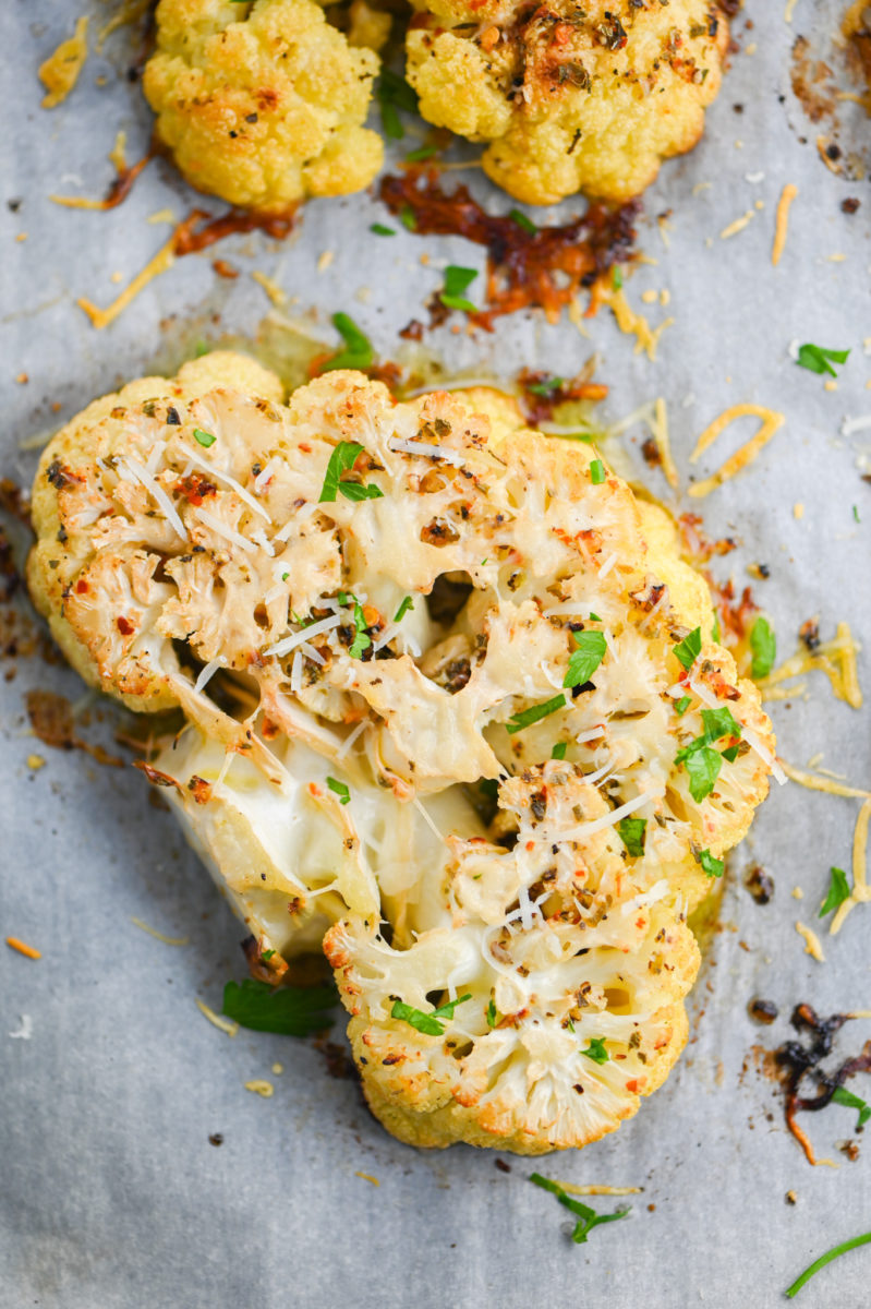 Roasted Cauliflower steak on parchment paper. 